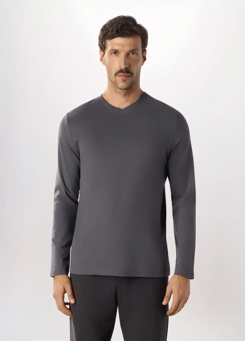 Maglia Pigiama A Maniche Lunghe Con Scollo A V In Puro Cotone Uomo, Grigio scuro