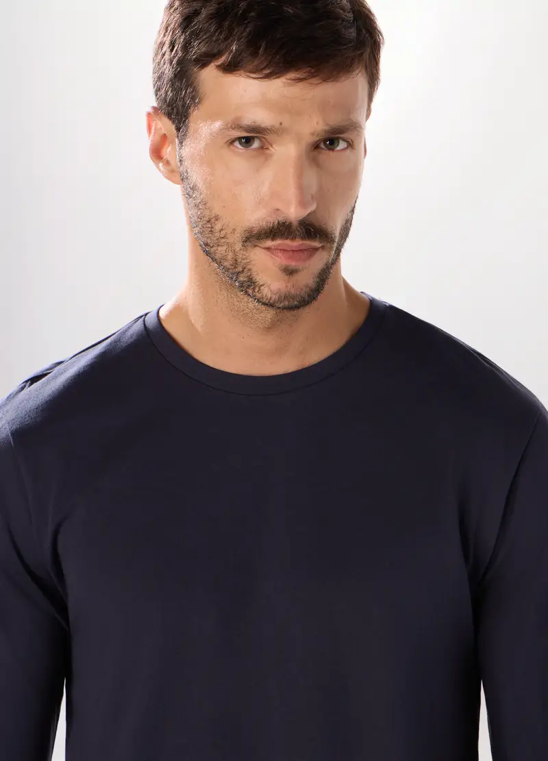 Maglia Pigiama A Maniche Lunghe In Jersey Di Cotone Uomo, Blu scuro miniatura 3