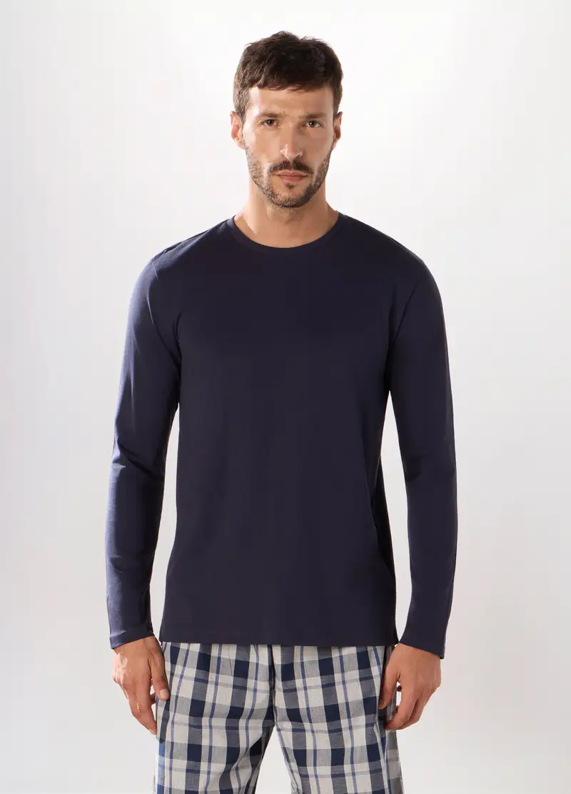 Maglia Pigiama A Maniche Lunghe In Jersey Di Cotone Uomo, Blu scuro
