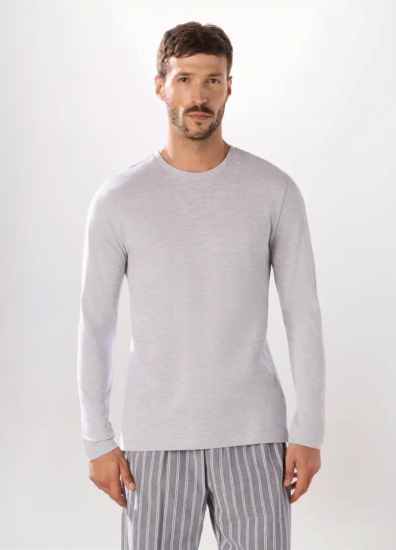 Maglia Pigiama A Maniche Lunghe In Jersey Di Cotone Uomo, Grigio chiaro melange
