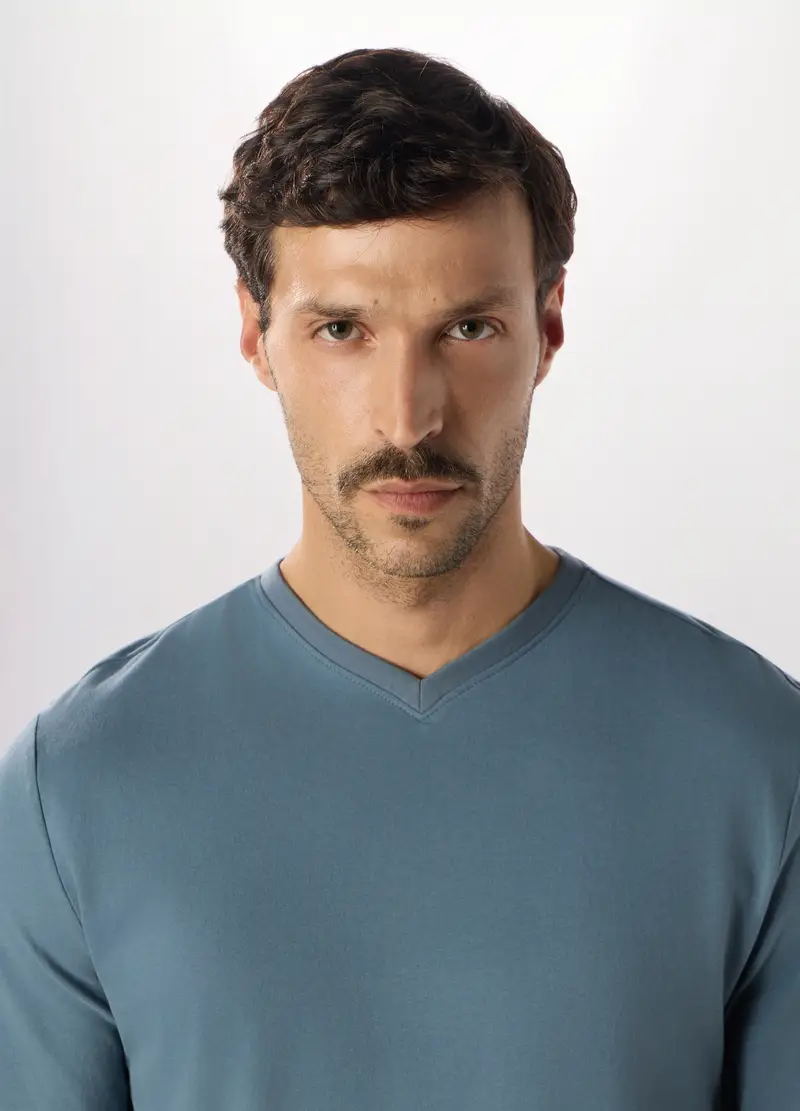 Maglia Pigiama Con Scollo A V In Puro Cotone Uomo, Azzurro celeste miniatura 3