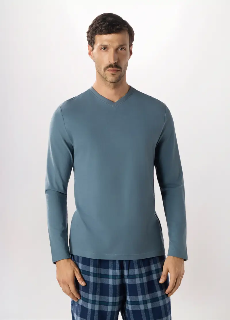 Maglia Pigiama Con Scollo A V In Puro Cotone Uomo, Azzurro celeste