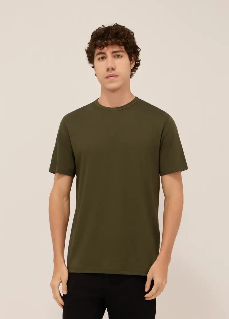 Maglietta Girocollo Tinta Unita In Puro Jersey Di Cotone Uomo, Unisex, Verde muschio