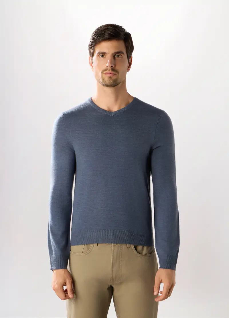 Maglione Collo A V A Maglia Rasata Uomo, Azzurro scuro