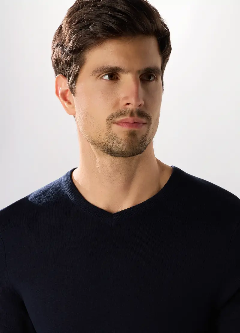 Maglione Collo A V A Maglia Rasata Uomo, Blu scuro miniatura 3