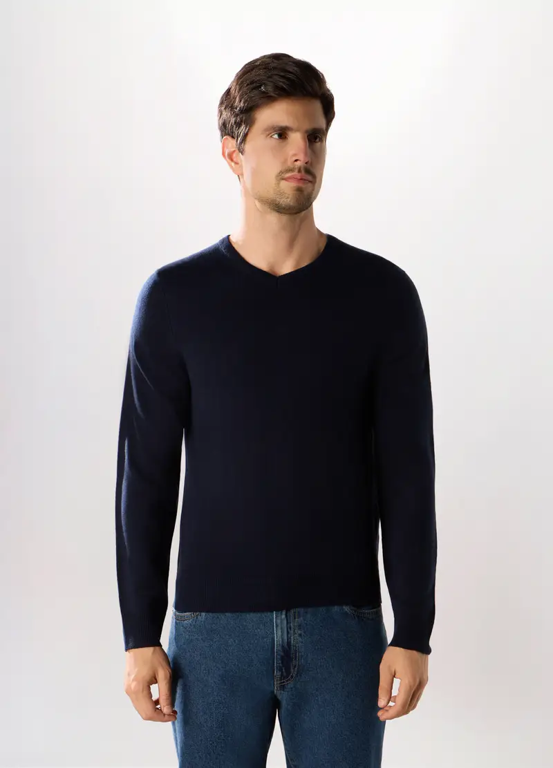 Maglione Collo A V A Maglia Rasata Uomo, Blu scuro