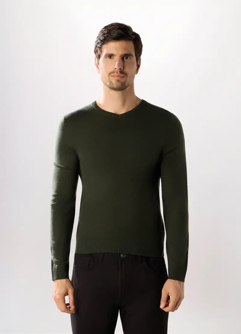 Maglione Collo A V A Maglia Rasata Uomo, Verde muschio