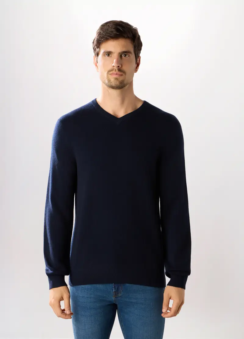 Maglione Collo A V In Cashmere Uomo, Blu scuro