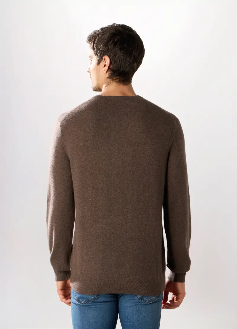 Maglione Collo A V In Cashmere Uomo, Marrone cioccolato miniatura 2