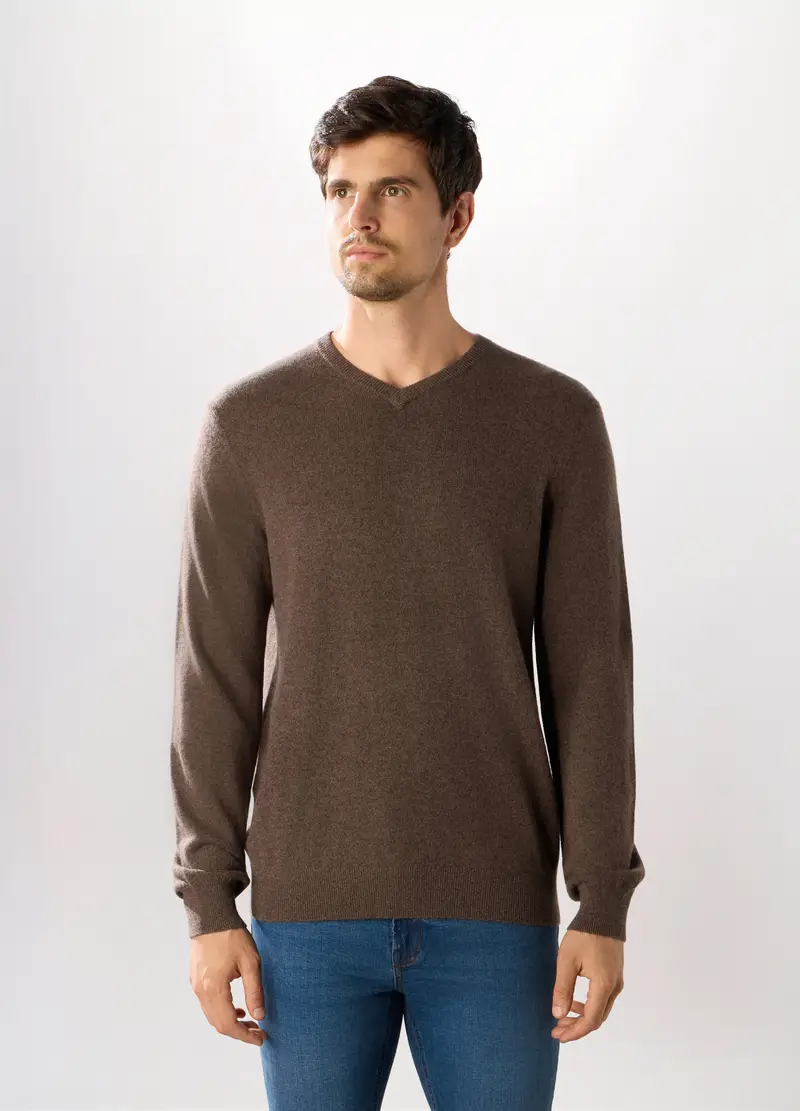 Maglione Collo A V In Cashmere Uomo, Marrone cioccolato