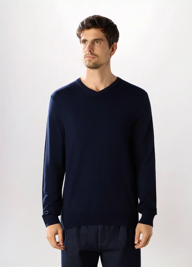 Maglione Collo A V In Misto Viscosa Uomo, Blu scuro