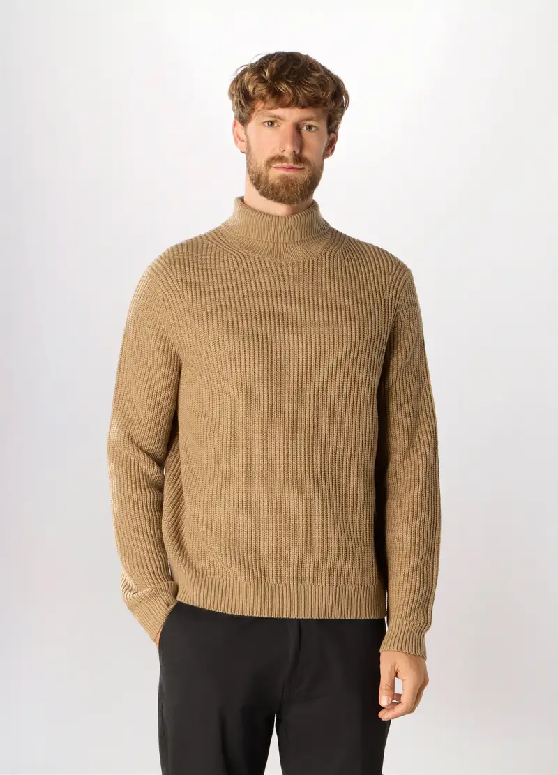 Maglione Collo Alto A Costa Inglese Uomo, Marrone tabacco chiaro