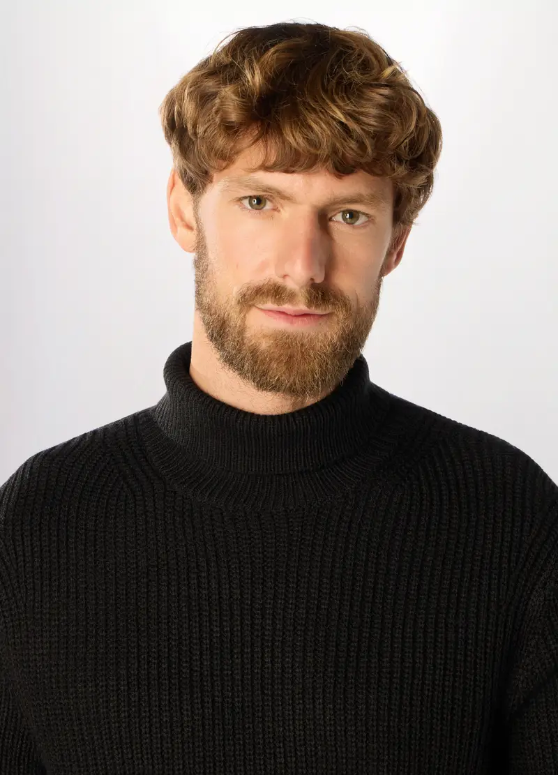 Maglione Collo Alto A Costa Inglese Uomo, Nero miniatura 3