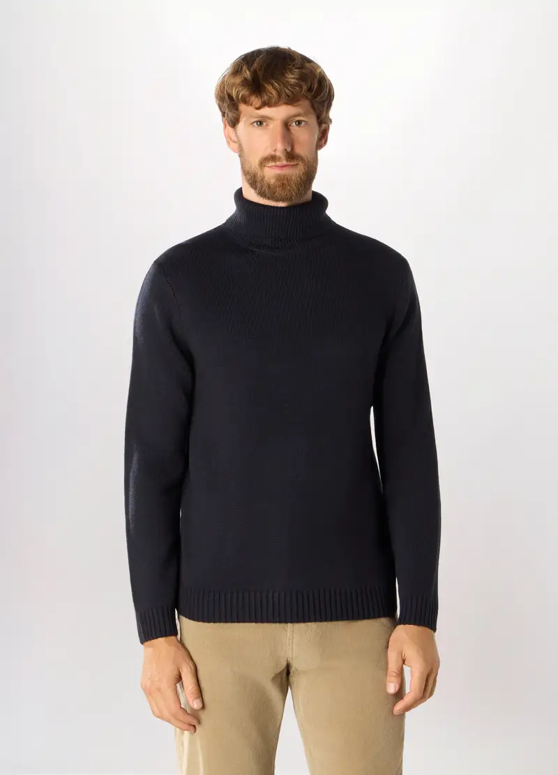 Maglione Collo Alto In Maglia Rasata Uomo, Blu scuro