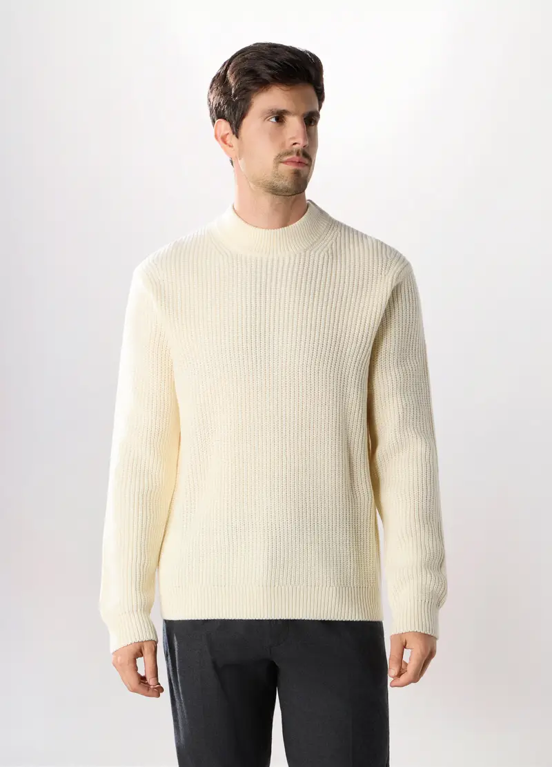 Maglione Collo Camino A Costa Inglese Uomo, Bianco lana