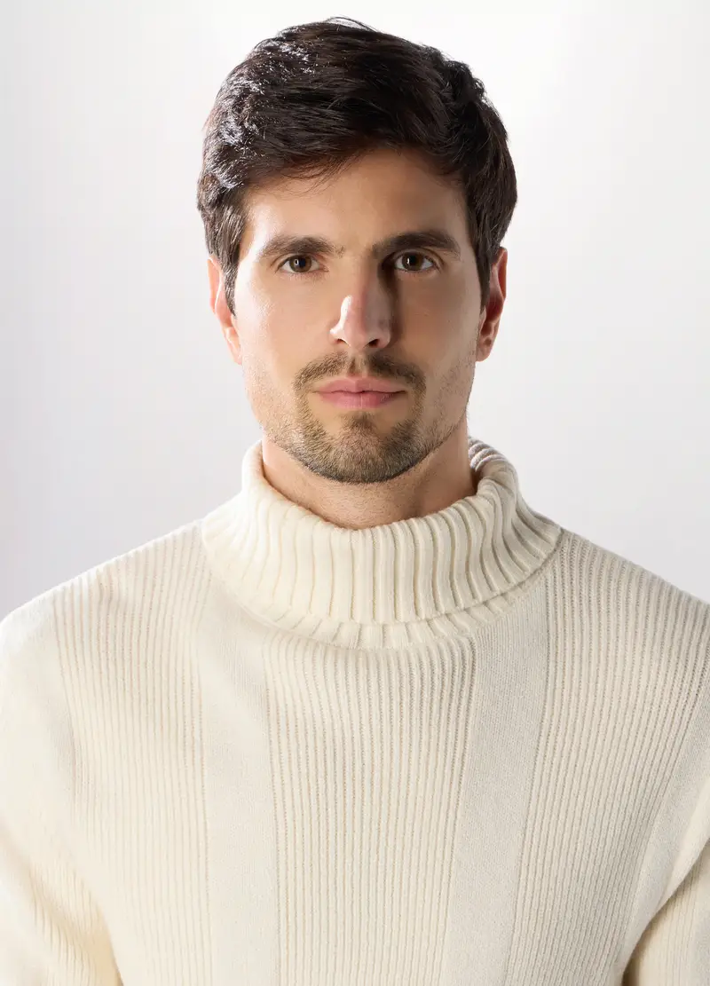 Maglione Dolcevita A Coste Uomo, Bianco lana miniatura 3