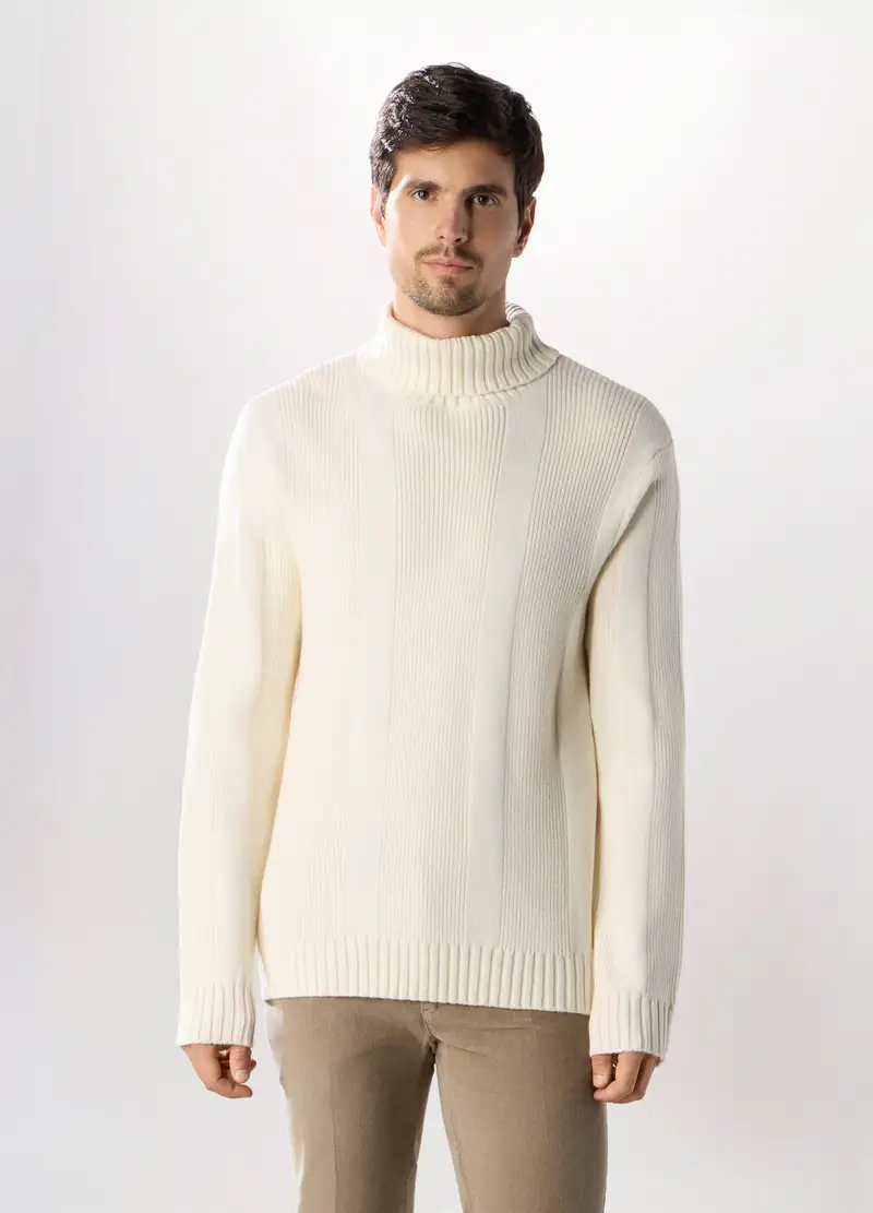 Maglione Dolcevita A Coste Uomo, Bianco lana
