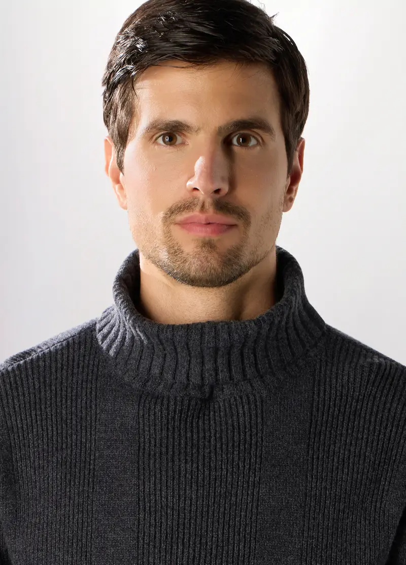 Maglione Dolcevita A Coste Uomo, Grigio scuro melange miniatura 3