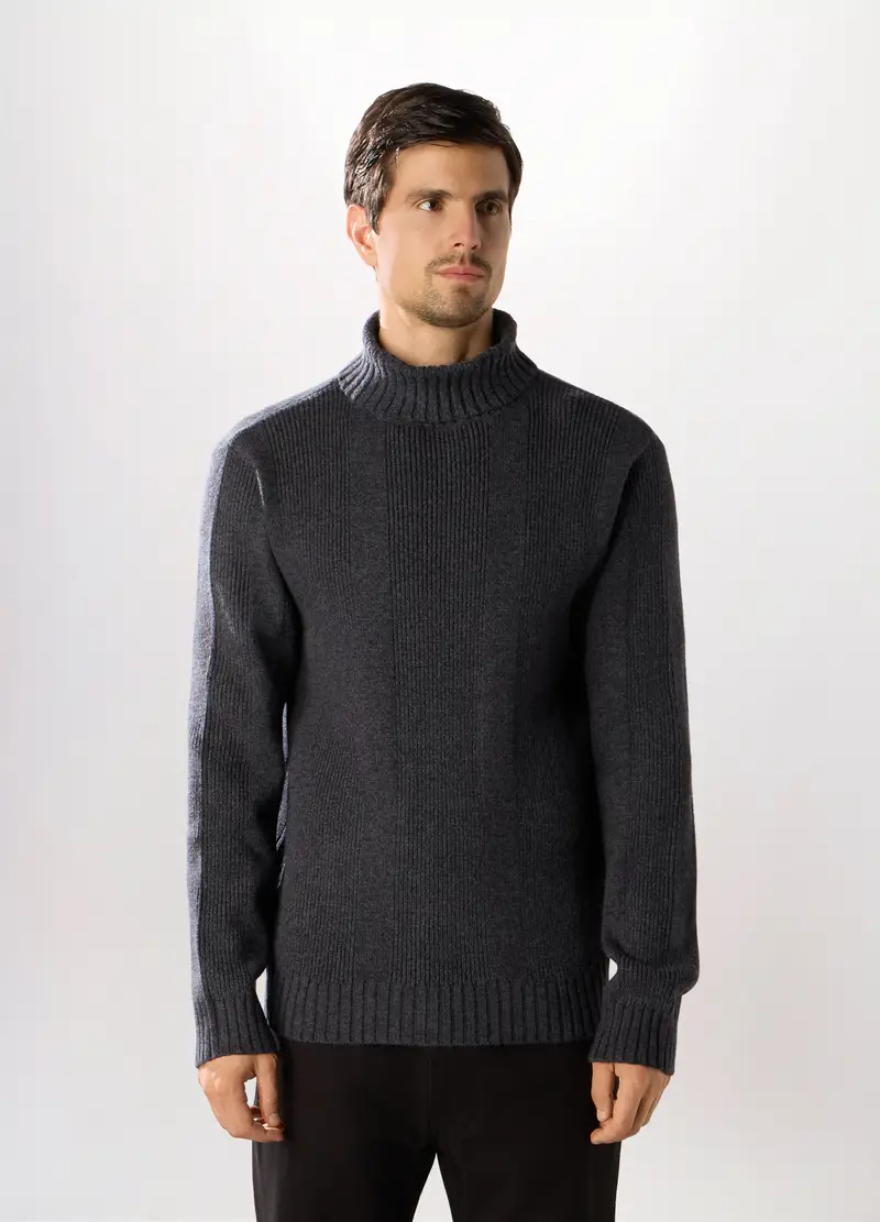 Maglione Dolcevita A Coste Uomo, Grigio scuro melange