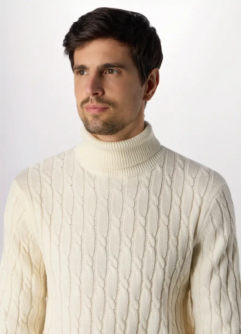 Maglione Dolcevita A Trecce Uomo, Bianco lana miniatura 3