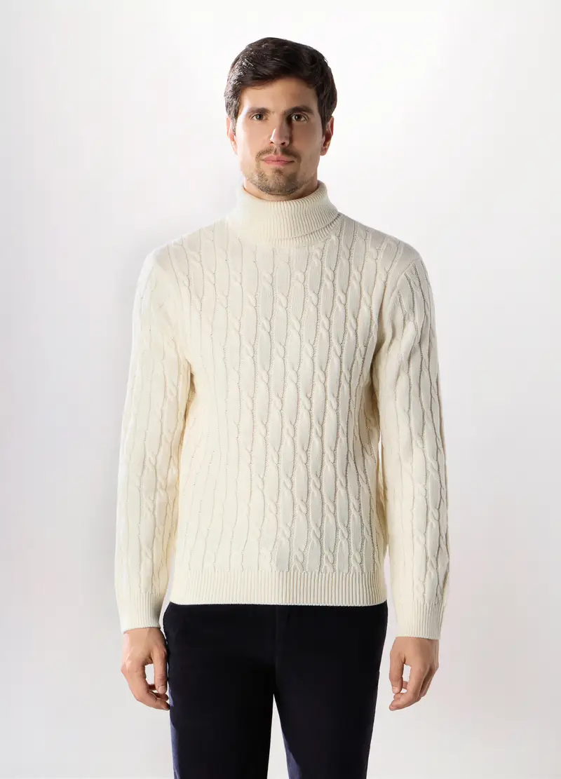 Maglione Dolcevita A Trecce Uomo, Bianco lana