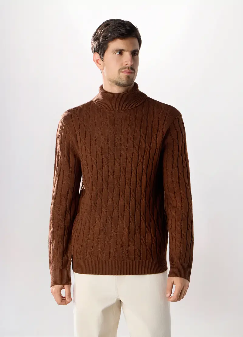 Maglione Dolcevita A Trecce Uomo, Marrone chiaro