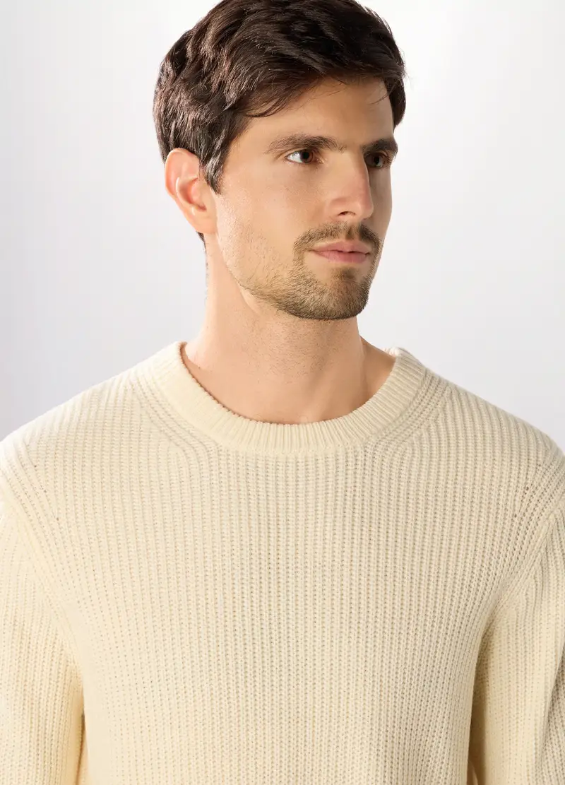 Maglione Girocollo A Costa Inglese Uomo, Bianco lana miniatura 3