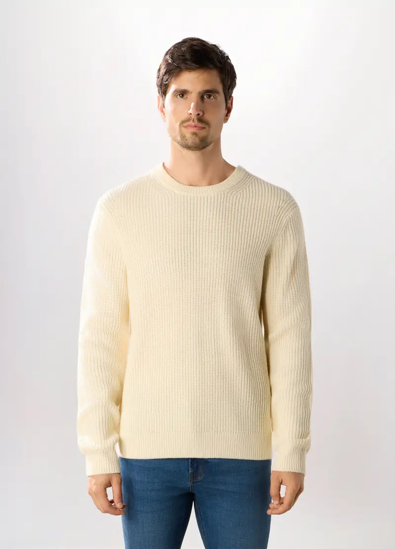 Maglione Girocollo A Costa Inglese Uomo, Bianco lana