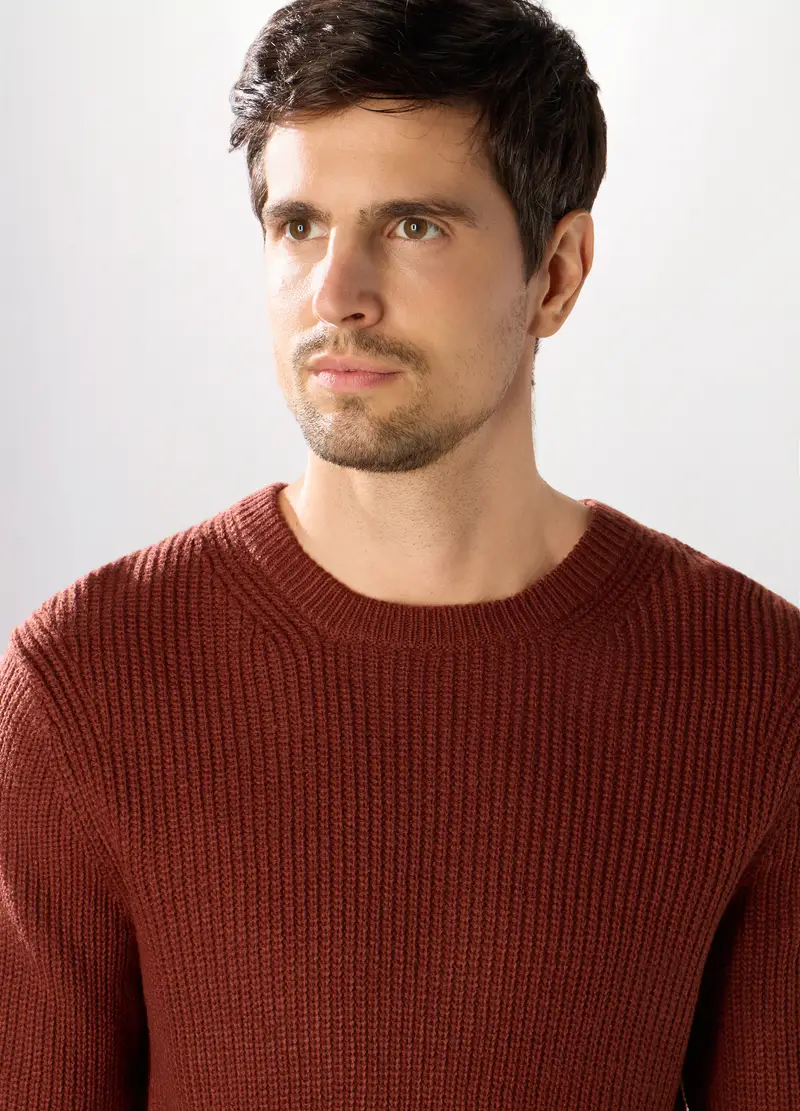 Maglione Girocollo A Costa Inglese Uomo, Rosso mattone miniatura 3