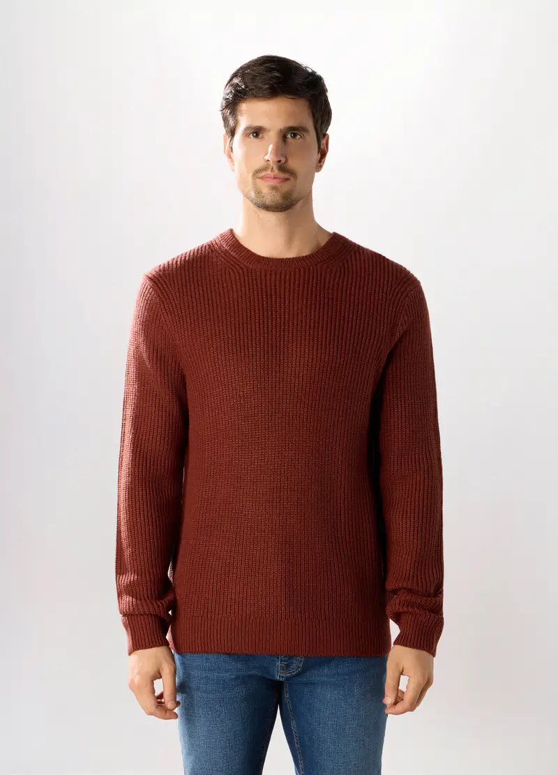 Maglione Girocollo A Costa Inglese Uomo, Rosso mattone