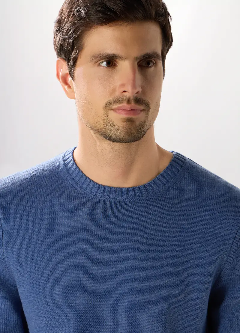 Maglione Girocollo A Maglia Rasata Uomo, Azzurro scuro miniatura 3