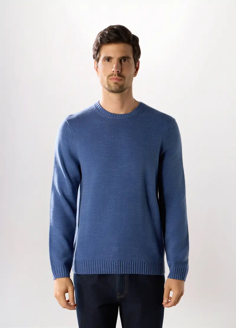 Maglione Girocollo A Maglia Rasata Uomo, Azzurro scuro
