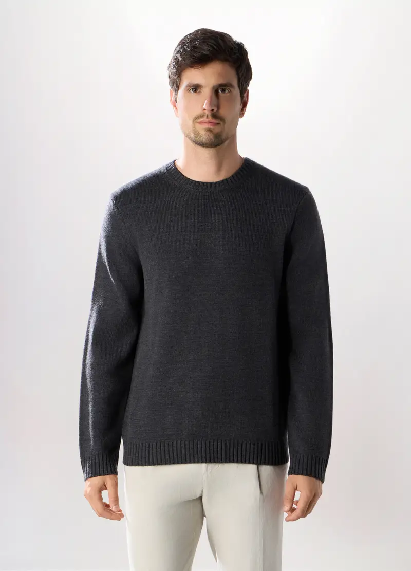 Maglione Girocollo A Maglia Rasata Uomo, Grigio antracite