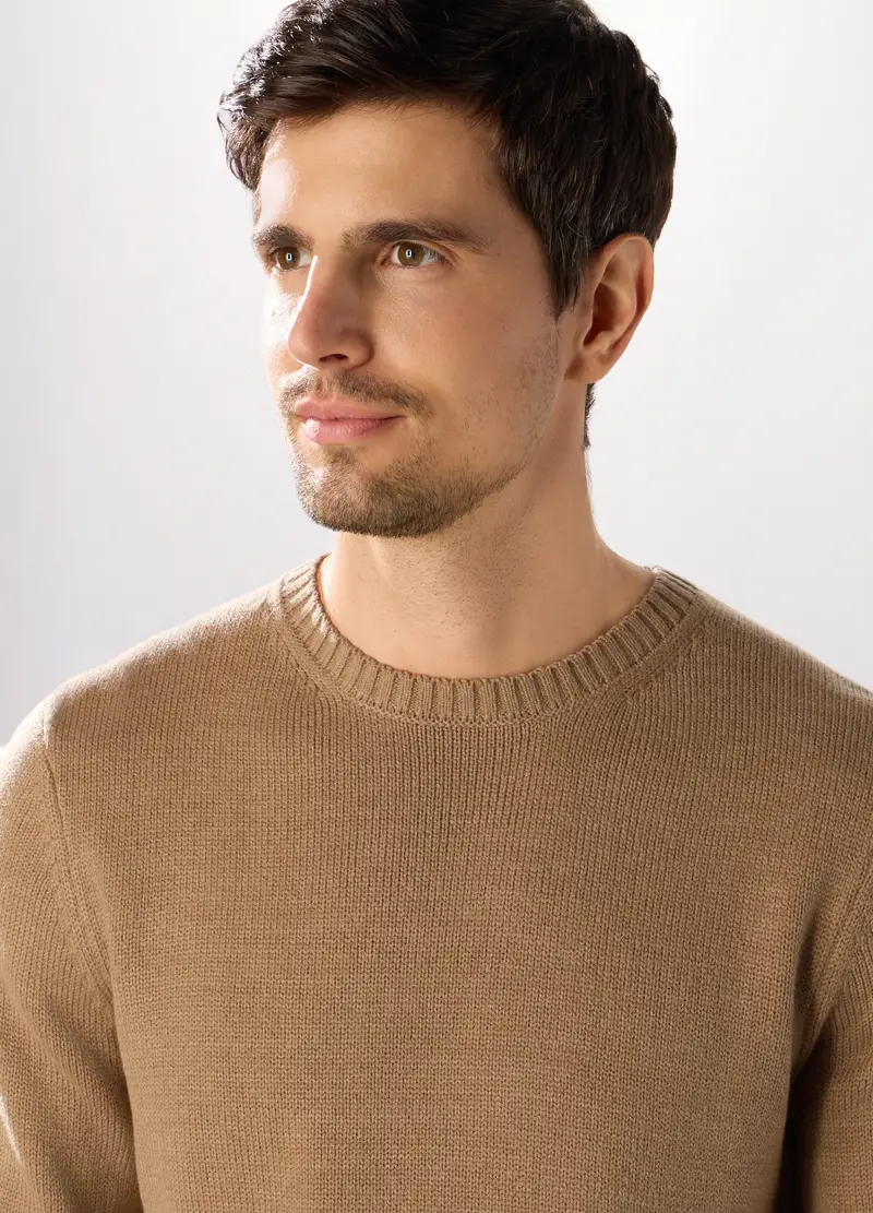 Maglione Girocollo A Maglia Rasata Uomo, Marrone chiaro miniatura 3