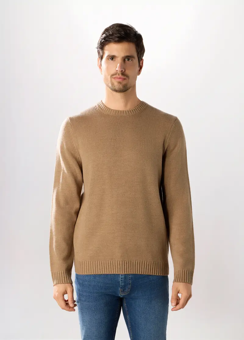 Maglione Girocollo A Maglia Rasata Uomo, Marrone chiaro