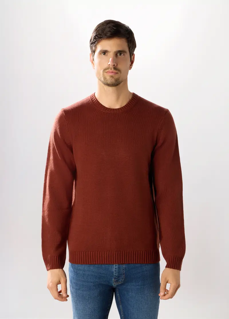 Maglione Girocollo A Maglia Rasata Uomo, Rosso mattone