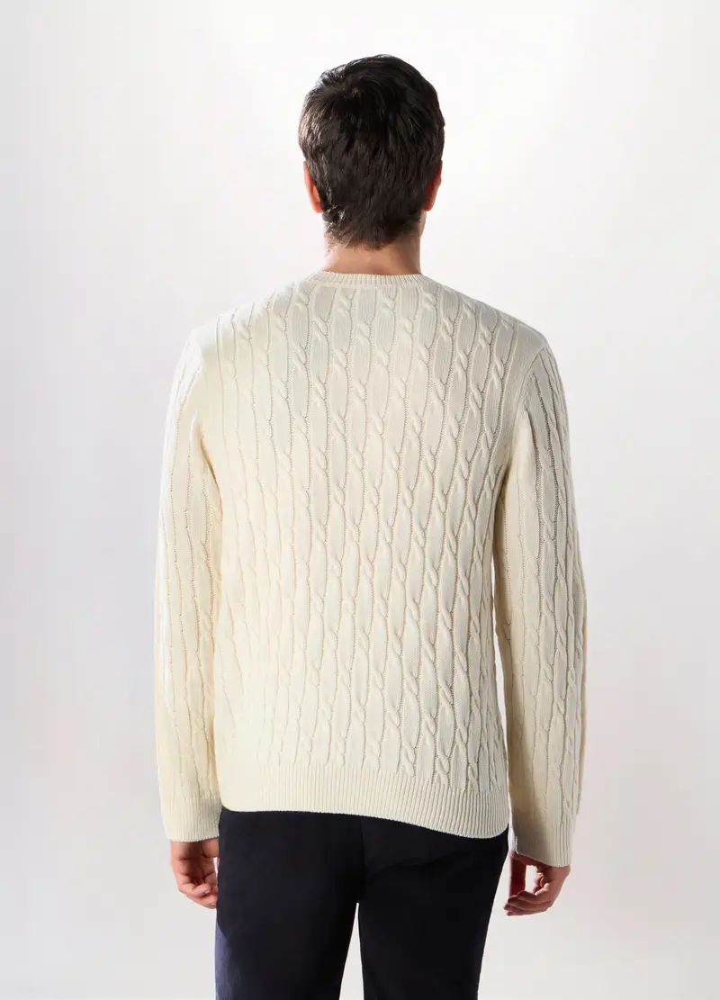 Maglione Girocollo A Trecce Uomo, Bianco lana miniatura 2