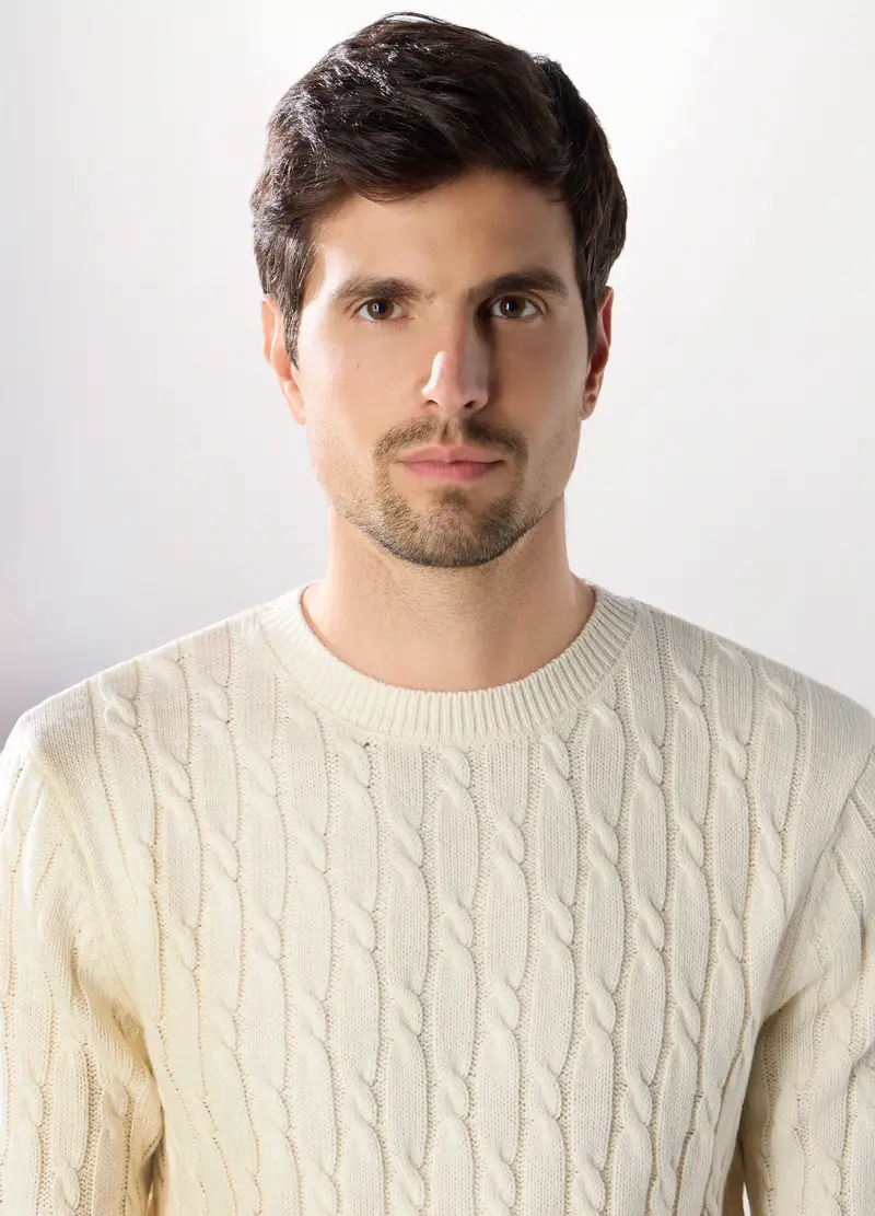 Maglione Girocollo A Trecce Uomo, Bianco lana miniatura 3