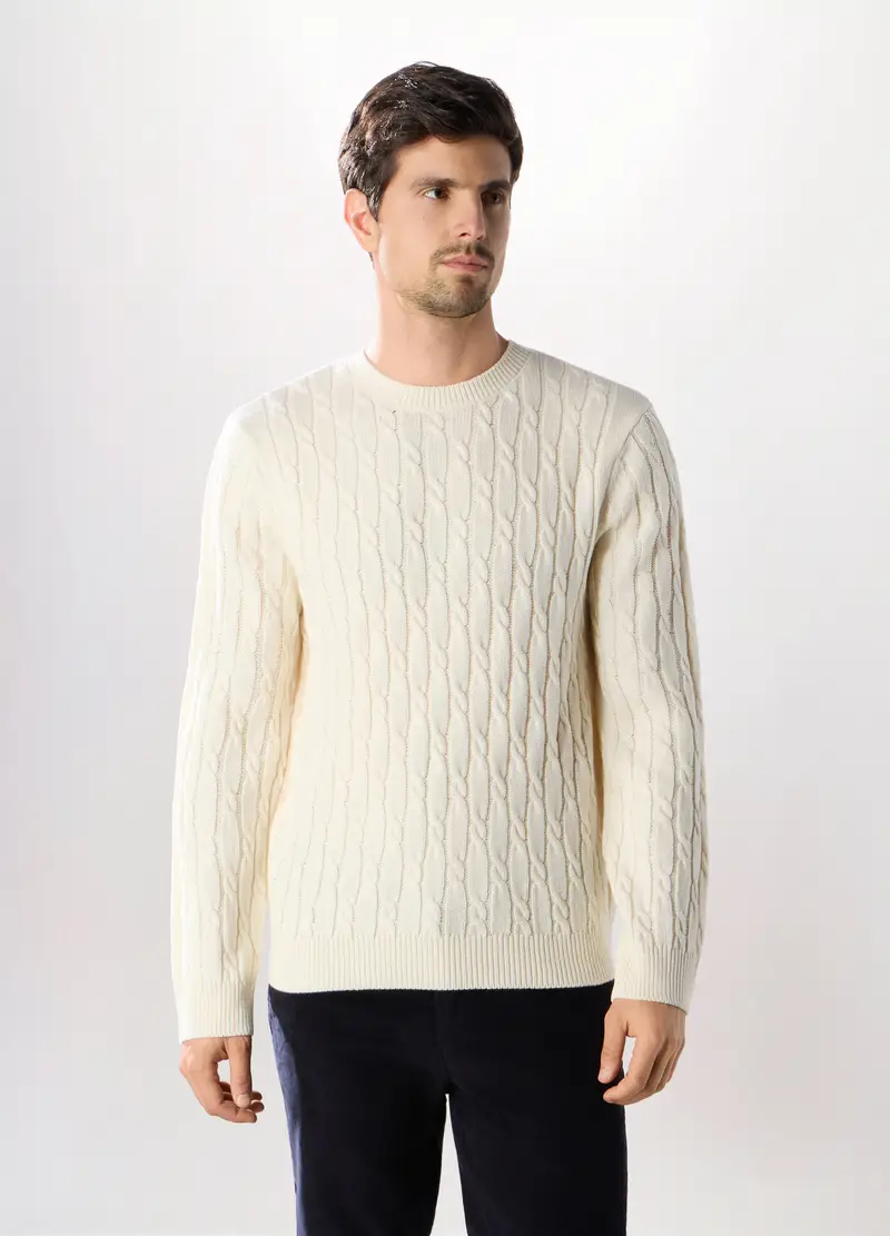 Maglione Girocollo A Trecce Uomo, Bianco lana
