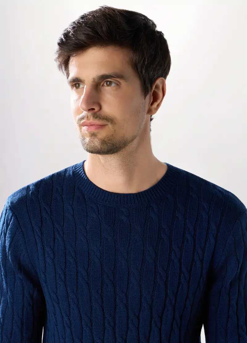 Maglione Girocollo A Trecce Uomo, Blu royal miniatura 3