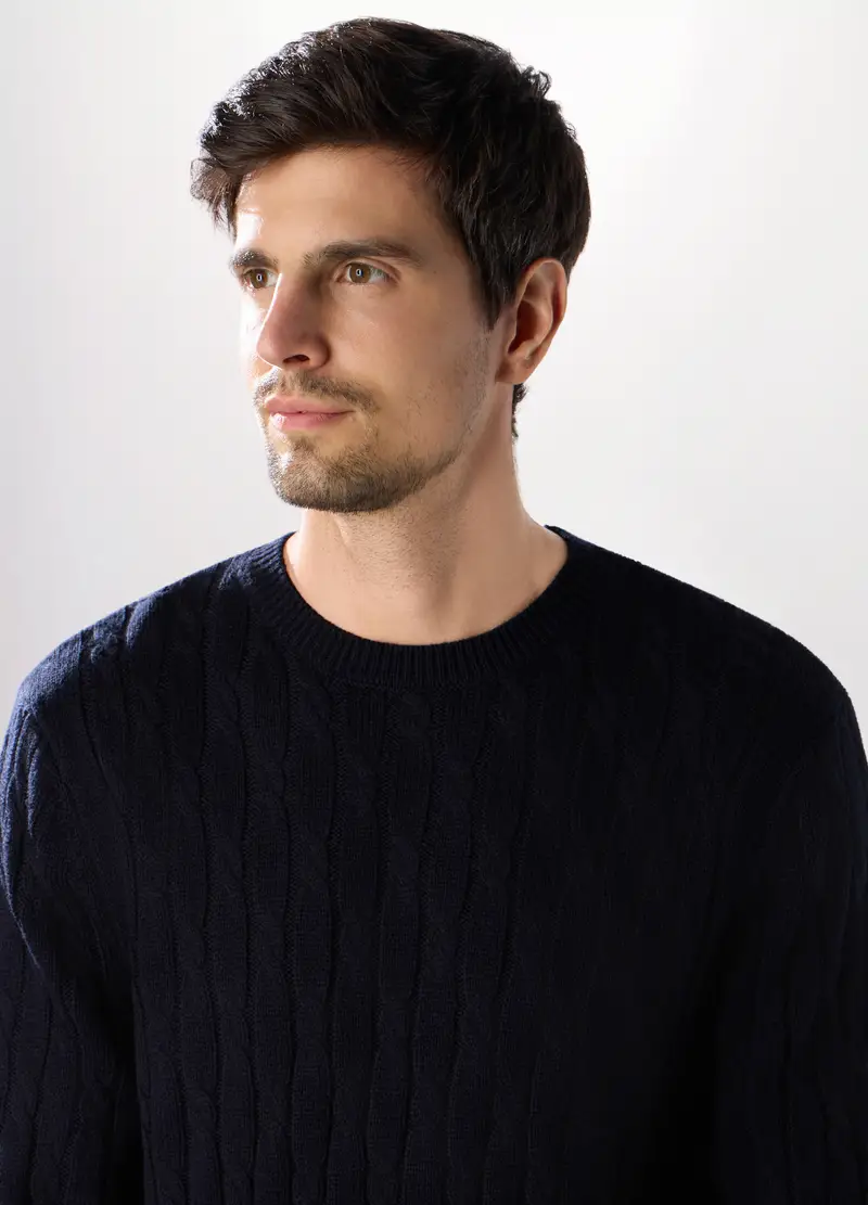 Maglione Girocollo A Trecce Uomo, Blu scuro miniatura 3