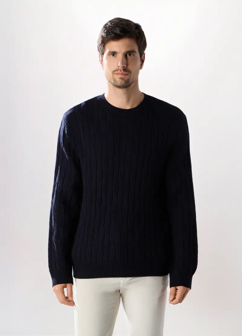 Maglione Girocollo A Trecce Uomo, Blu scuro