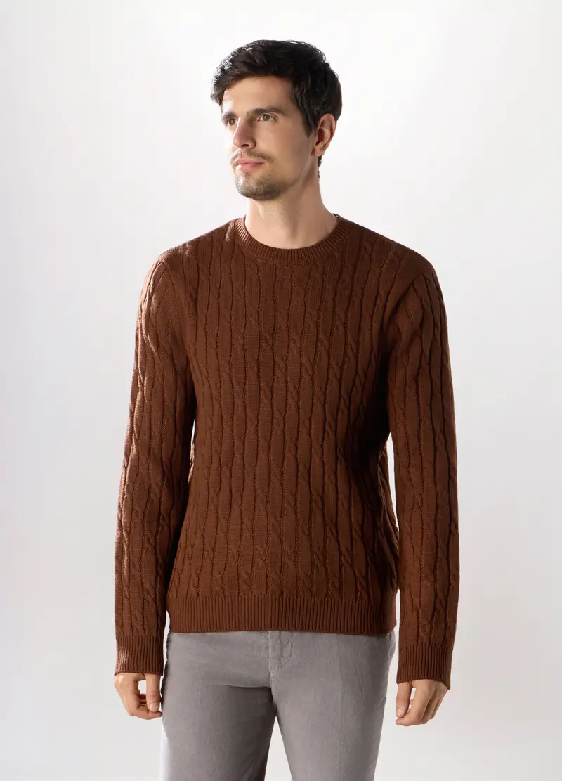 Maglione Girocollo A Trecce Uomo, Marrone chiaro
