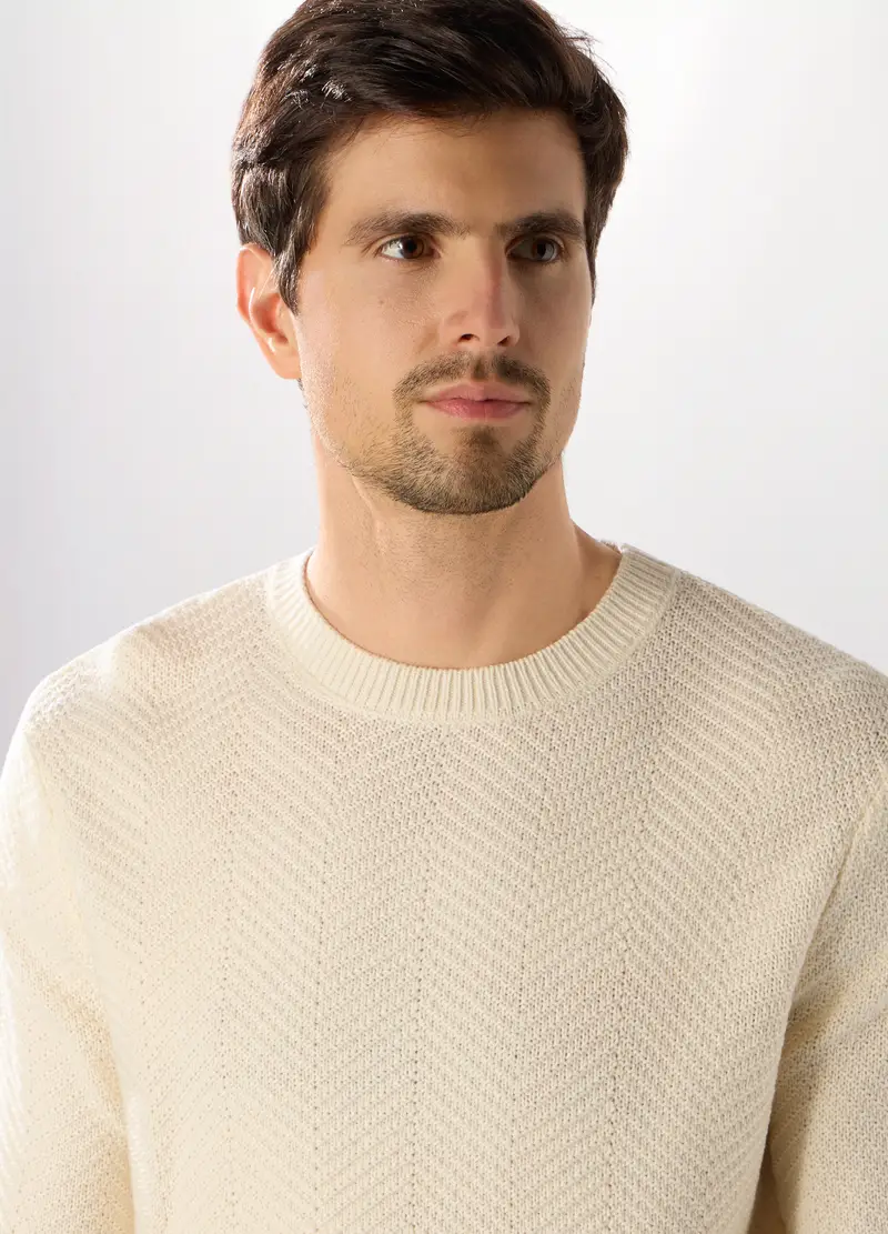 Maglione Girocollo Chevron Uomo, Bianco lana miniatura 3