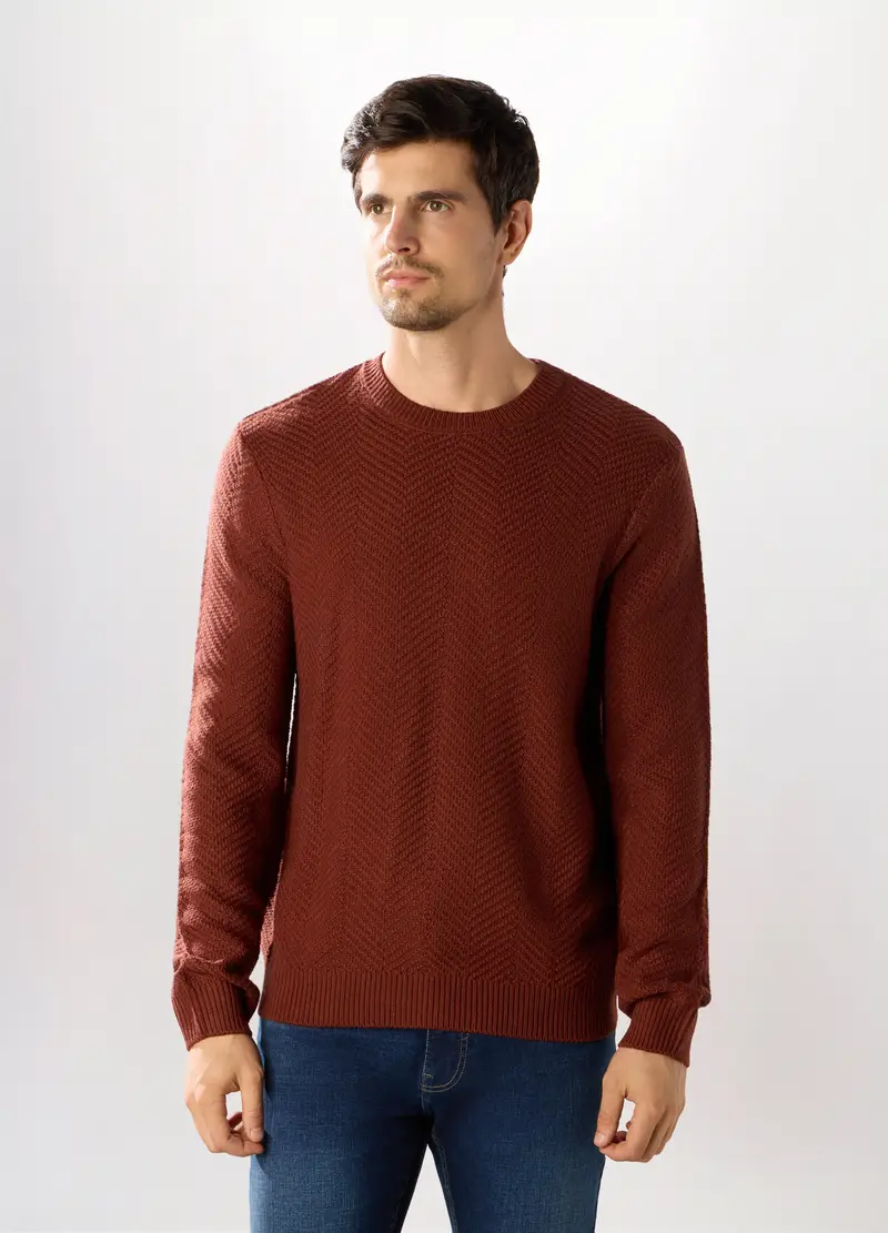 Maglione Girocollo Chevron Uomo, Marrone cognac