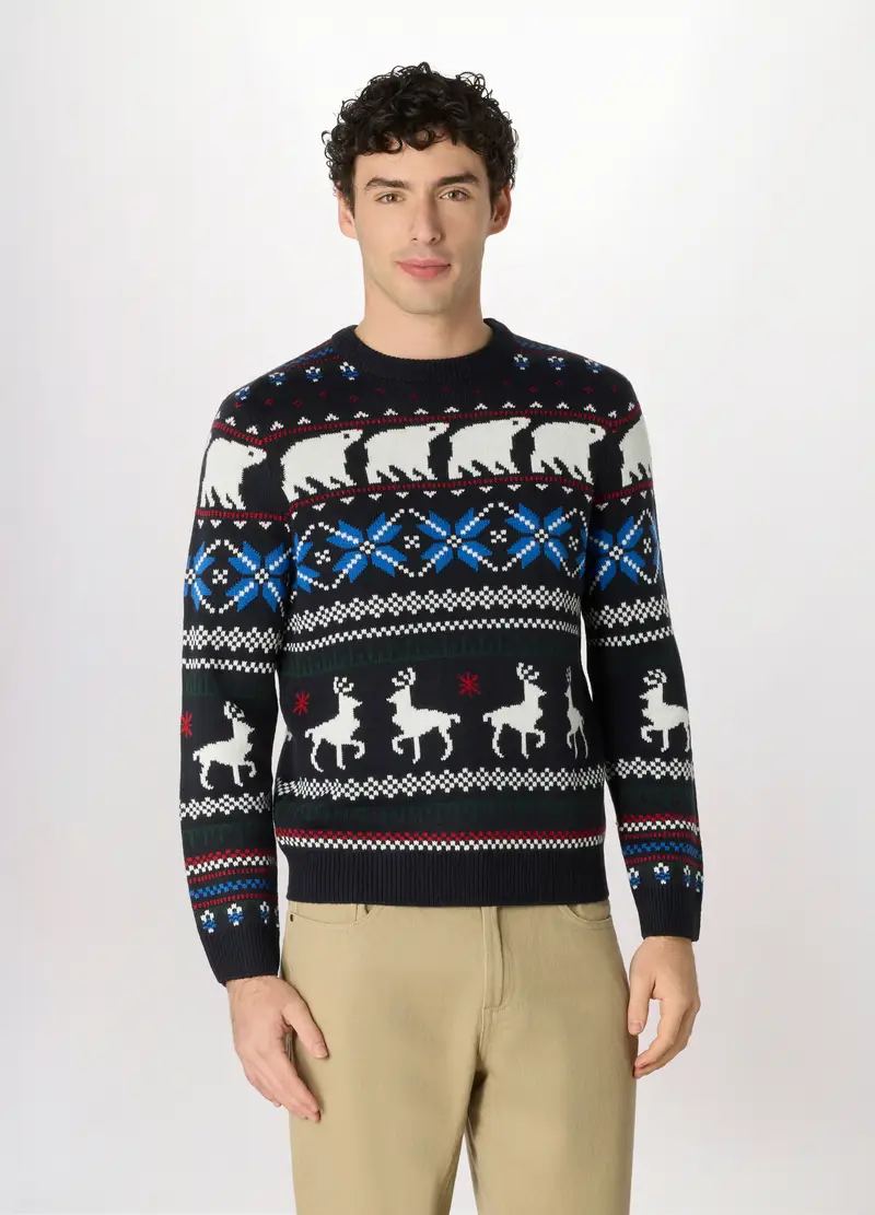 Maglione Girocollo Con Decorazioni Natalizie Uomo, Blu scuro