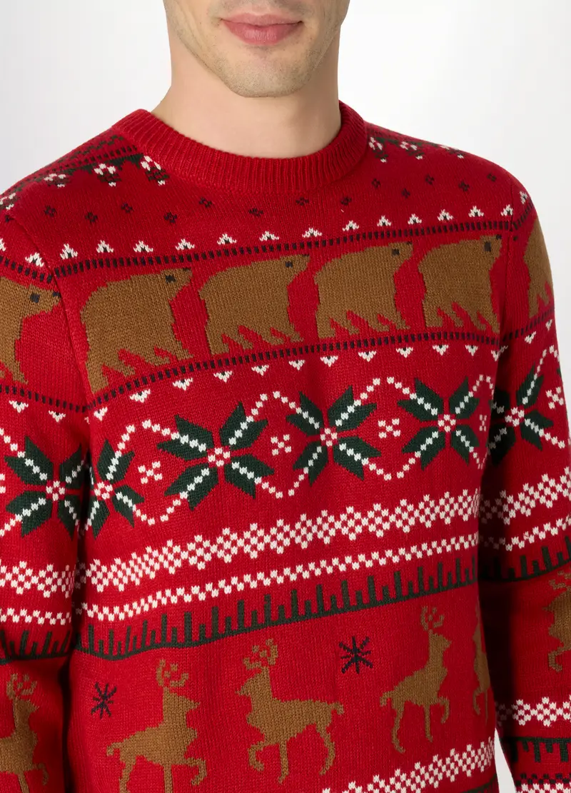 Maglione Girocollo Con Decorazioni Natalizie Uomo, Rosso mattone miniatura 3