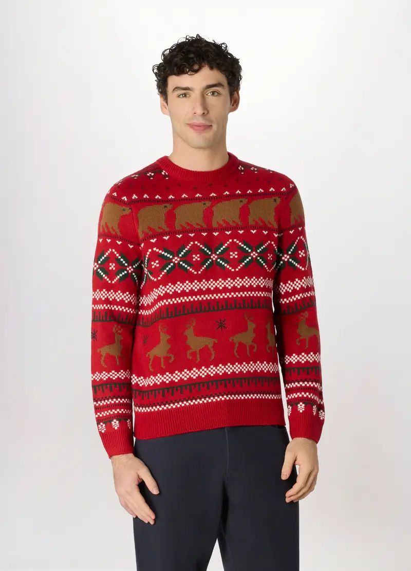 Maglione Girocollo Con Decorazioni Natalizie Uomo, Rosso mattone