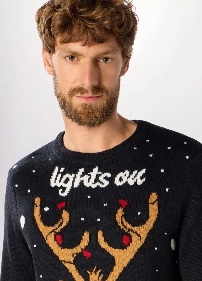 Maglione Girocollo Con Motivo Natale Uomo, Nero miniatura 3