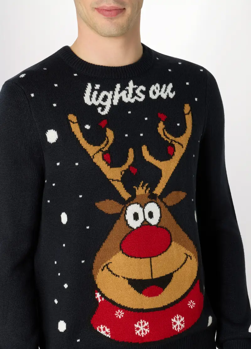 Maglione Girocollo Con Motivo Natale Uomo, Nero miniatura 3